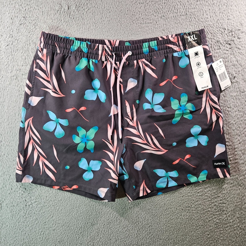 NWT Hurley Board Shorts Swim Trunks Men XXL No Liner Floral Leaf Print Gray